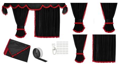 Gardinen für DAF ab 2021 XF-new XG XG+ schwarz - rot Pompoms / Kugel 