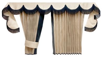 LKW Gardinen in Plissee-Look mit 2 Rückhalterbändern und Frontscheibenborde , beige-schwarz 