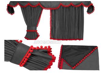 Scania Topline/Highline Gardinen, Grau-Rot, Pompoms/Kugel 