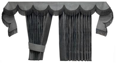 LKW Gardinen in Plissee-Look mit 2 Rückhalterbändern und Frontscheibenborde , grau-schwarz 