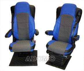 Lkw Sitzbezüge aus Kunstleder für Actros L ab 2022 MP5 MP4 Beifahrersitz klappbar 4 Armlehnen schwarz-blau OHNE LOGO 