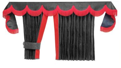 LKW Gardinen in Plissee-Look mit 2 Rückhalterbändern und Frontscheibenborde , grau-rot 