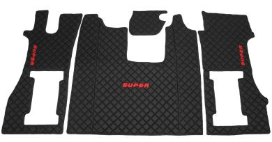 Kunstleder Fußmatten für SCANIA R ab 2017  in schwarz-rot umrandet, drehbar/Luft, SUPER 