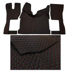 Kunstleder Fußmattenset für Volvo FH Aero FH5 FH4 in schwarz-matt, Doppelsteppung, rote Nähte 