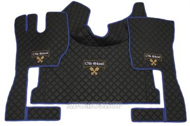Kunstleder Fußmattenset für Volvo FH4, FH5 in schwarz-matt, blau umrandet, Old Skool 