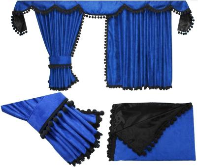 Gardinen für MAN TGX XXL und TGA XXL bis 2020 blau-schwarz, Pompoms/Kugel 