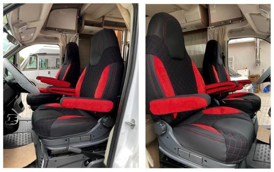 Wohnmobil Sitzbezüge für Fiat Ducato ab 2015, mit 4 Armlehnen, rot-schwarz 