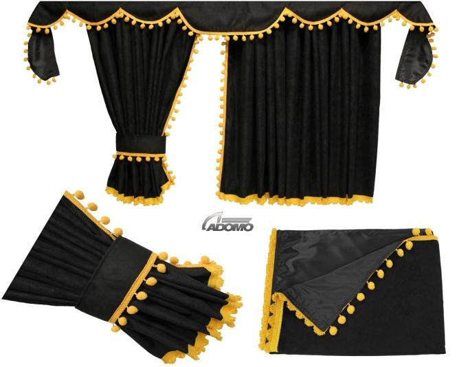 Gardinen für Actros MP 2/3 schwarz-gelb, Pompoms/Kugel 