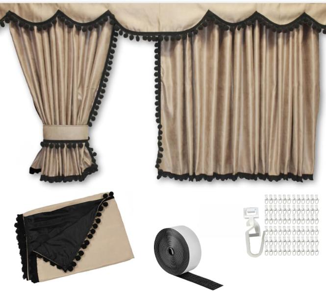Gardinen für MAN TGX XXL und TGA XXL bis 2020 beige-schwarze Pompoms/Kugel 