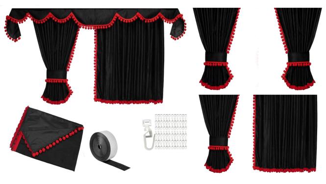 Gardinen für MAN TGX, TGS, TGA bis 2020, Kabinengröße XLX, schwarz - rot Pompoms / Kugel 