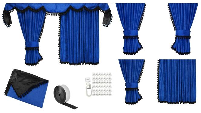 Gardinen für Scania R New Generation ab 2017 blau - schwarz Pompoms / Kugel 