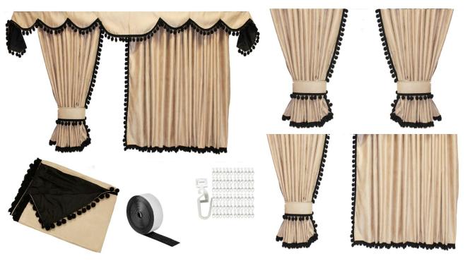 Gardinen für Iveco S-Way Hi-Way Stralis beige - schwarz Pompoms / Kugel 