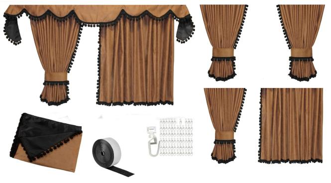 Gardinen für Volvo FH Aero FH5 ​​​​​​FH4 braun - schwarz Pompoms / Kugel 