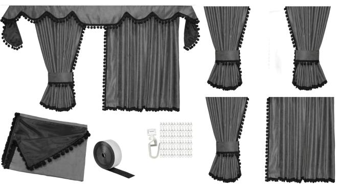 Gardinen für DAF XF106 XF105 grau - schwarz Pompoms / Kugel 