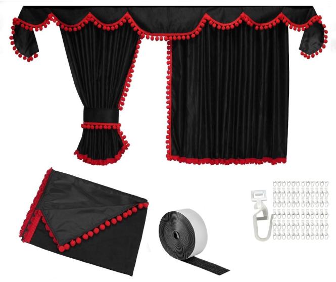Gardinen für DAF ab 2021 XF-new XG XG+ schwarz - rot Pompoms / Kugel MIT Borde