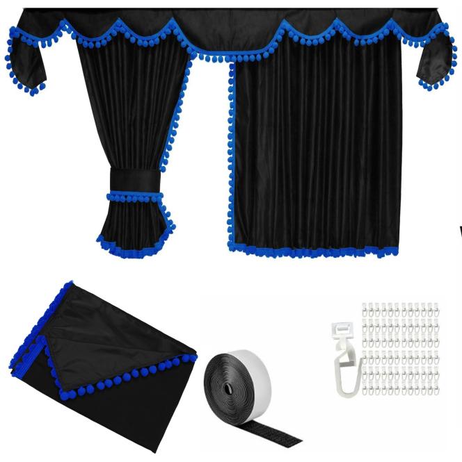 Gardinen für MAN TGX TGS ab 2020 schwarz - blau Pompoms / Kugel MIT Borde