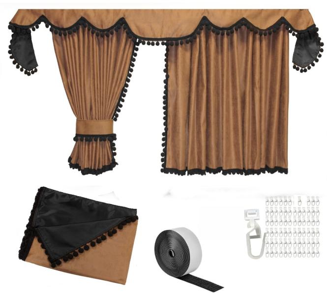 Gardinen für MP5 MP4 ACTROS L ab 2024 braun - schwarz Pompoms / Kugel MIT Borde