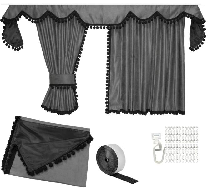 Gardinen für Scania S ab 2017 grau - schwarz Pompoms / Kugel MIT Borde