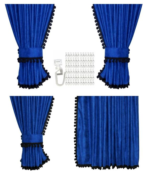Gardinen für DAF XF106 XF105 blau - schwarz Pompoms / Kugel OHNE Borde