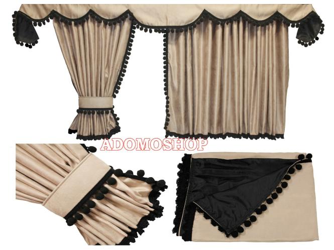 Scania Topline/Highline Gardinen, Beige-Schwarz, Pompoms/Kugel 