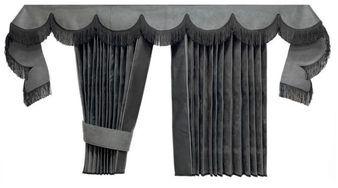 LKW Gardinen in Plissee-Look mit 2 Rückhalterbändern und Frontscheibenborde , grau-schwarz 