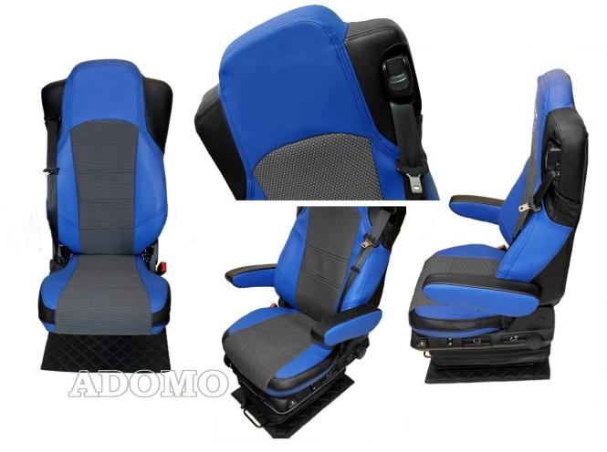 Lkw Sitzbezüge aus Kunstleder MP5 MP4 ACTROS L ab 2024 Beifahrer klappbar schwarz-blau 2 Armlehnen OHNE LOGO 