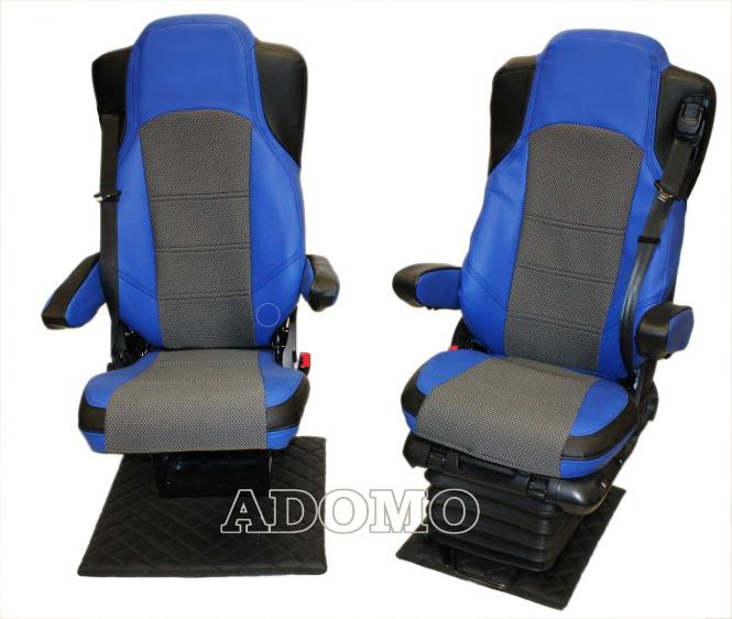 Lkw Sitzbezüge aus Kunstleder für MP5 MP4 ACTROS L ab 2024 Beifahrersitz klappbar 4 Armlehnen schwarz-blau OHNE LOGO 