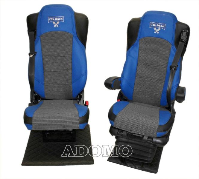 Lkw Sitzbezüge aus Kunstleder für Actros L ab 2022 MP5 und MP4 Beifahrersitz klappbar blau 2 Armlehnen Old Skool 