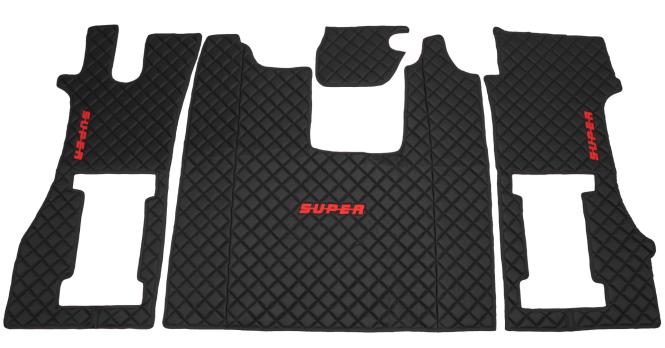 Kunstleder Fußmatten für SCANIA R ab 2017  in schwarz-rot umrandet, drehbar/Luft, SUPER 