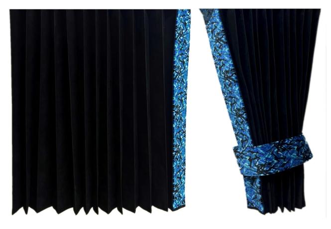 LKW Gardinen mit Kante aus dänisch Plüsch in blau mit 2 Rückhaltebändern 