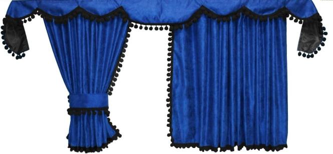 Gardinen für MAN TGX XXL und TGA XXL bis 2020 blau-schwarz, Pompoms/Kugel 