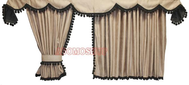 Scania Topline/Highline Gardinen, Beige-Schwarz, Pompoms/Kugel 