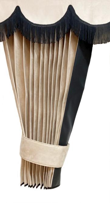 LKW Gardinen in Plissee-Look mit 2 Rückhalterbändern und Frontscheibenborde , beige-schwarz 