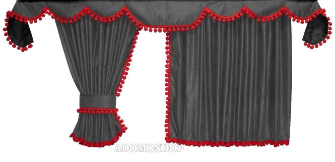 Gardinen für Actros MP 2/3 grau-rot, Pompoms/Kugel 
