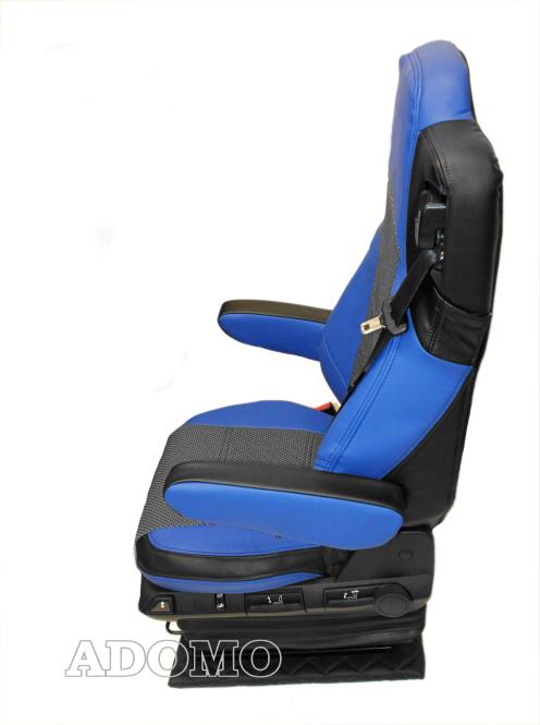 Lkw Sitzbezüge aus Kunstleder MP5 MP4 ACTROS L ab 2024 Beifahrer klappbar schwarz-blau 2 Armlehnen OHNE LOGO 