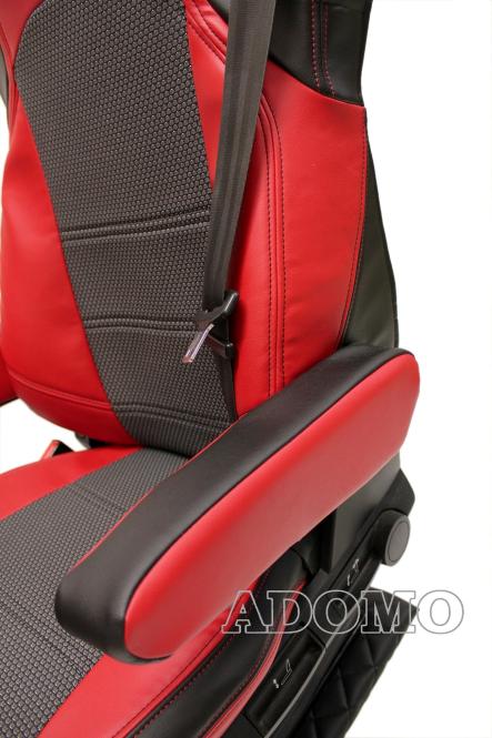 Lkw Sitzbezüge aus Kunstleder für MP5 MP4 ACTROS L ab 2024 Beifahrersitz klappbar 4 Armlehnen schwarz-rot OHNE LOGO 