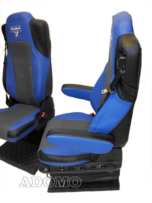 Lkw Sitzbezüge aus Kunstleder für Actros L ab 2022 MP5 und MP4 Beifahrersitz klappbar blau 2 Armlehnen Old Skool 