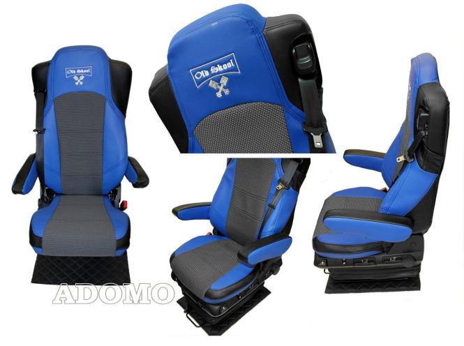 Lkw Sitzbezüge aus Kunstleder für Actros L ab 2022 MP5 und MP4 Beifahrersitz klappbar 4 Arml. blau-schwarz Old Skool 