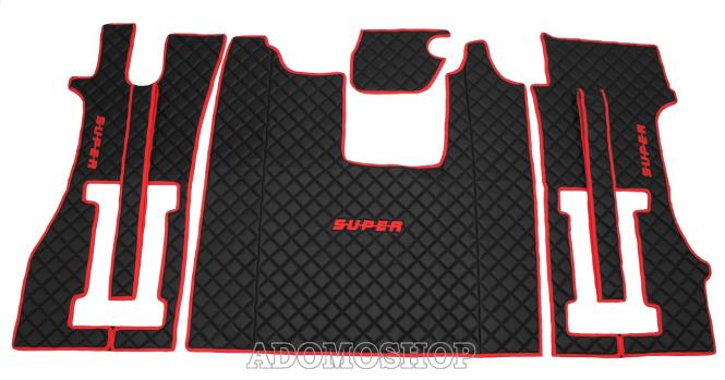 Kunstleder Fußmatten für SCANIA R ab 2017  in schwarz-rot umrandet, drehbar/Luft, SUPER 