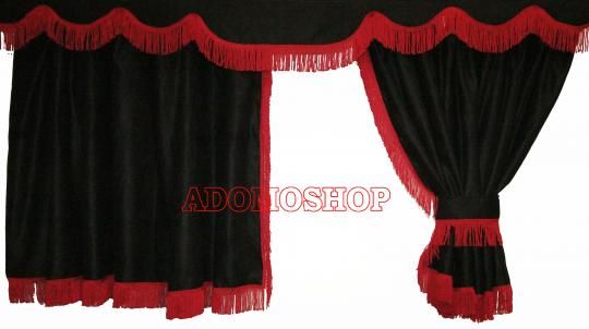 Lkw Gardinen für Renault T, schwarz-rot, gratis Gardinenhaken 