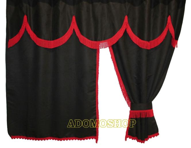 Lkw Gardinen mit Bettvorhang für Renault T schwarz-rot-gerade Fransen, Gleiter gratis  