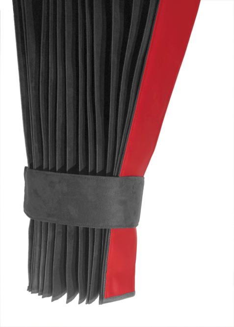 LKW Gardinen in Plissee-Look mit 2 Rückhalterbändern und Frontscheibenborde , grau-rot 