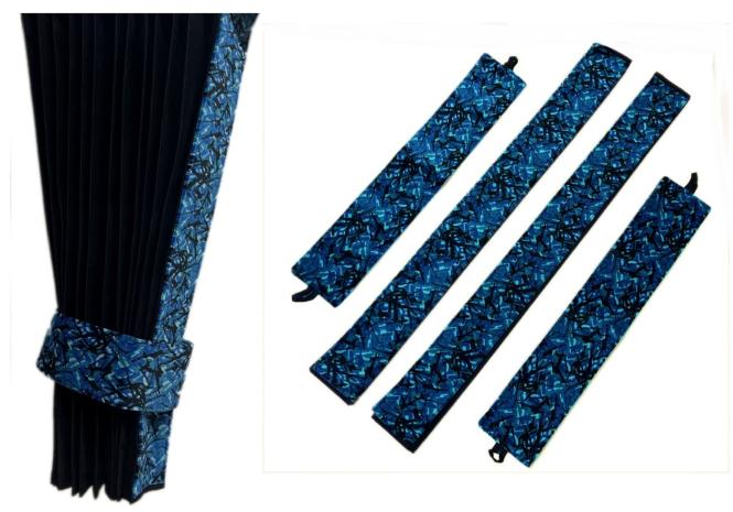 LKW Gardinen mit Kante aus dänisch Plüsch in blau mit 2 Rückhaltebändern 