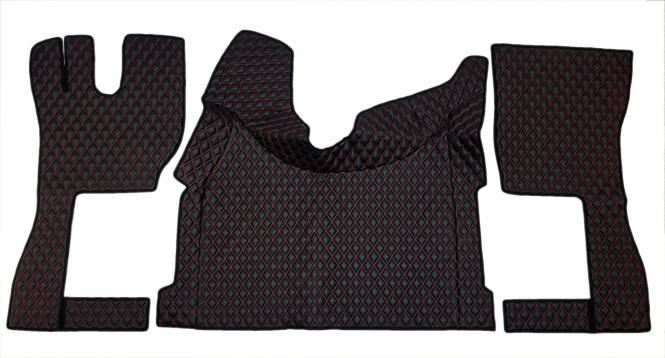 Kunstleder Fußmattenset für Volvo FH4, FH5 in schwarz-matt, Doppelsteppung, rote Nähte 