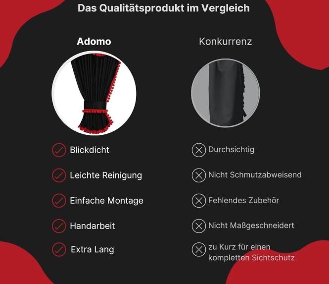 Gardinen für DAF ab 2021 XF-new XG XG+ schwarz - rot Pompoms / Kugel MIT Borde