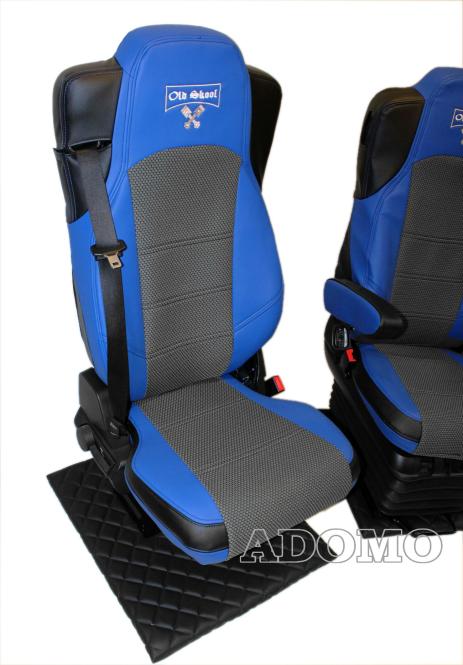 Lkw Sitzbezüge aus Kunstleder für Actros L ab 2022 MP5 und MP4 Beifahrersitz klappbar blau 2 Armlehnen Old Skool 