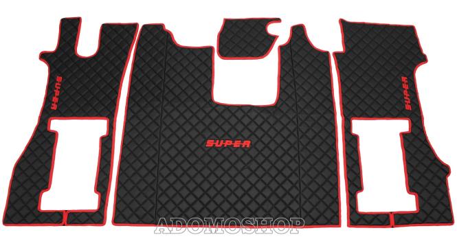 Kunstleder Fußmatten für SCANIA R ab 2017  in schwarz-rot umrandet, drehbar/Luft, SUPER 