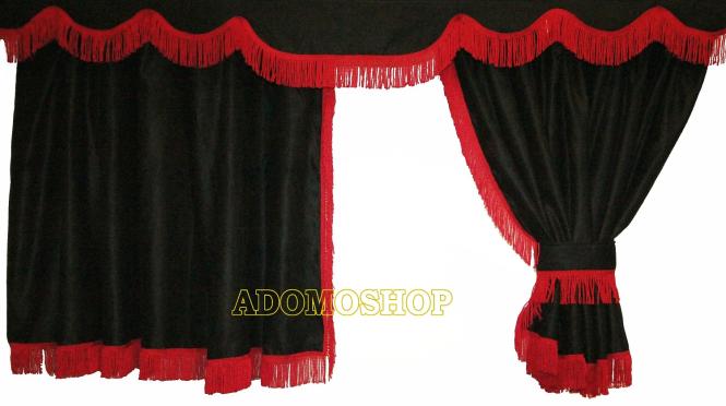 Lkw Gardinen mit Bettvorhang für Renault T schwarz-rot-gerade Fransen, Gleiter gratis  