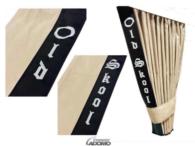 2 Seitengardinen für Iveco S-Way, Hi-Way, Stralis beige- schwarz OHNE oder MIT old skool 