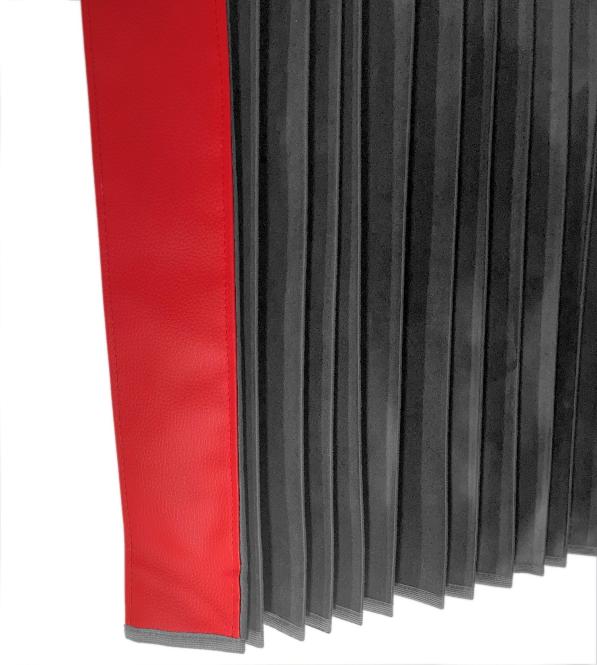 LKW Gardinen in Plissee-Look mit 2 Rückhalterbändern und Frontscheibenborde , grau-rot 